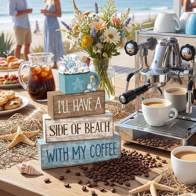 Lineshading 4 Pcs Summer Table Decorations Beach Coffee Bar Wooden Block Sign - Image 7