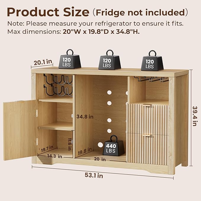 Coffee Bar Cabinet with Fridge Space, Wood Buffet Sideboard Table, Fluted - Image 2
