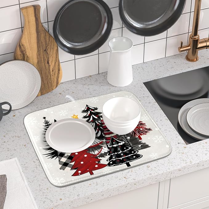 Christmas Trees Dish Drying Mat 16x18 In, Xmas Red Black Buffalo Plaid Pine - Image 6