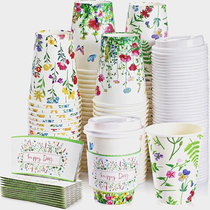 Remerry 100 Pcs 12oz Floral Disposable Coffee Cups by Remerry