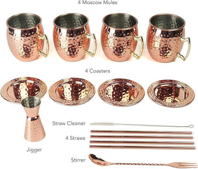 PG Moscow Mule/Cocktail Bar Set, 15-pc Copper/Rose Gold Color, High Grade SS - Image 3