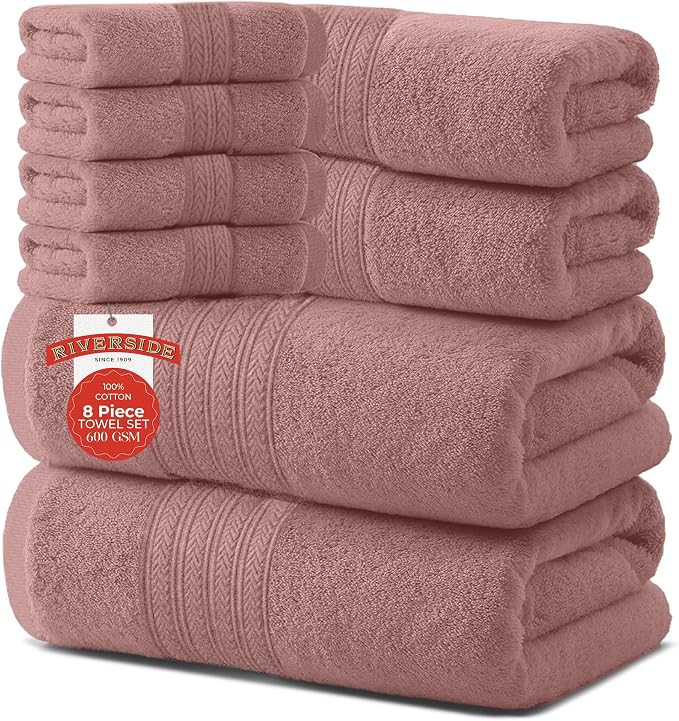 RIVERSIDE Pack of 8 Towels Set, 2 Large Bath, 2 Hand, 4 Face Washcloths by RIVERSIDE
