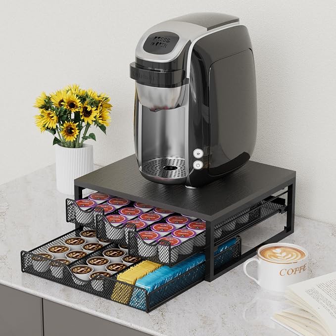 Coffee Pod Holder For Counter, 3 Pull-Out 72 K-Cup Holder Drawer, Wooden Cafe - Image 2