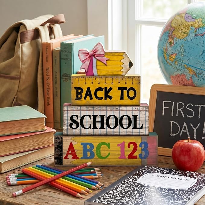 Lineshading 4 Pcs Back to School Table Decorations Wooden Pencil Stacked Block - Image 5