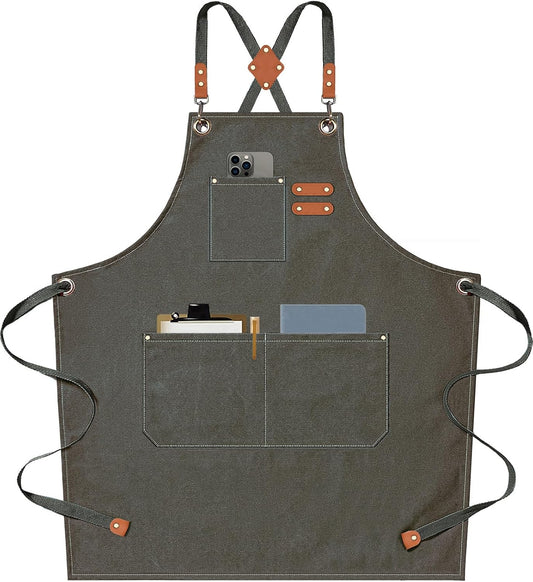AFUN Chef Aprons for Men Women with Large Pockets, Cotton Canvas Cross Back Heavy Duty Adjustable Work Apron, Size M to XXL (Greygreen)