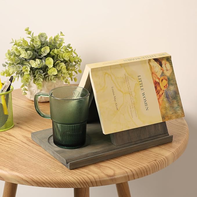 LITIVY Wooden Book Holder with Drink Holder, Wooden Triangle Bookmark Reading - Image 6