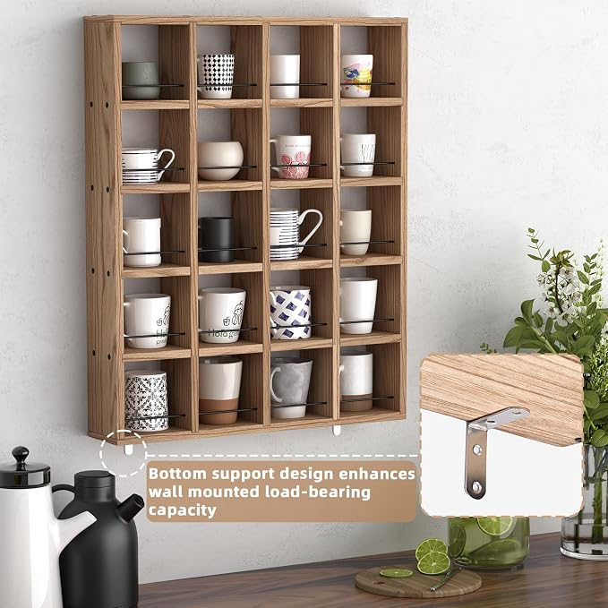 Wooden Coffee Mug Display Rack, Wall Mounted Coffee Cup Display Shelf, Hold 24 - Image 6