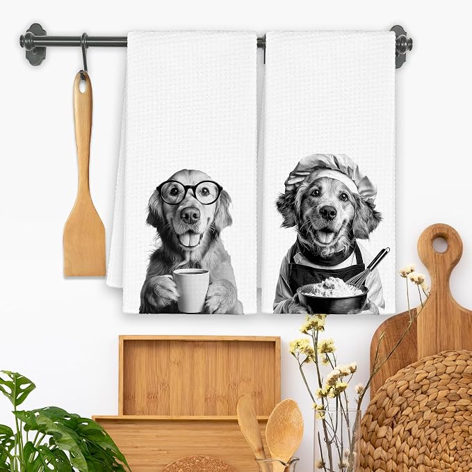 Dog Golden Retriever Kitchen Towels Set of 2, Funny Cute Hand Bathroom Towels - Image 2