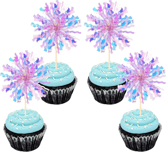 30 PCS Foil Firework Cupcake Toppers Sparkle Tinsel Cupcake Picks Happy Birthday Cake Toppers Drink Stirrers Cocktail Food Fruit Toothpicks for Baby Shower Birthday Party Decorations Supplies Purple
