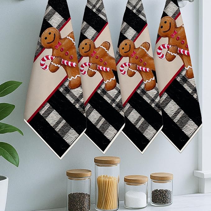 Gingerbread Kitchen Towels, Christmas Festive Candy Cane Plaid Christmas Black - Image 6