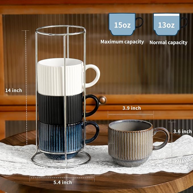 Ceramic Coffee Mugs with Stand, 15 Ounce Stackable Coffee Cups Set of 4 - Image 2