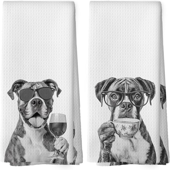 Funny Boxer Kitchen Towels Set of 2, Funny Dog Kitchen Accessories, Coffee by Mcehtle