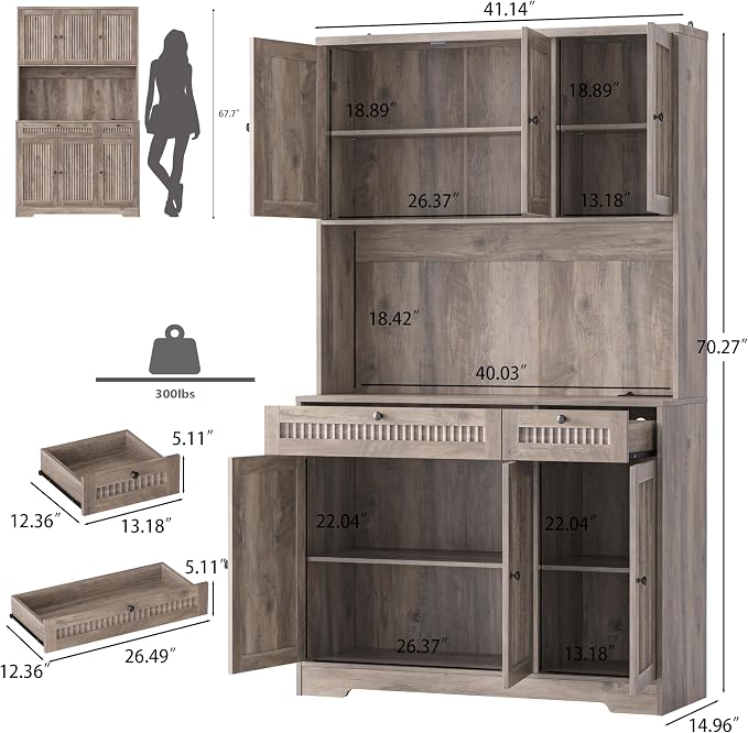 Pantry Storage Cabinet with Charging Station, Kitchen Storage with Adjustable - Image 2