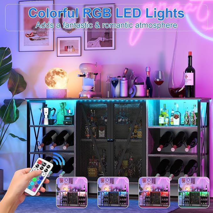 55" Wine Bar Cabinet with LED Light, Wine Rack & Glass Holder, Mesh Doors & - Image 4