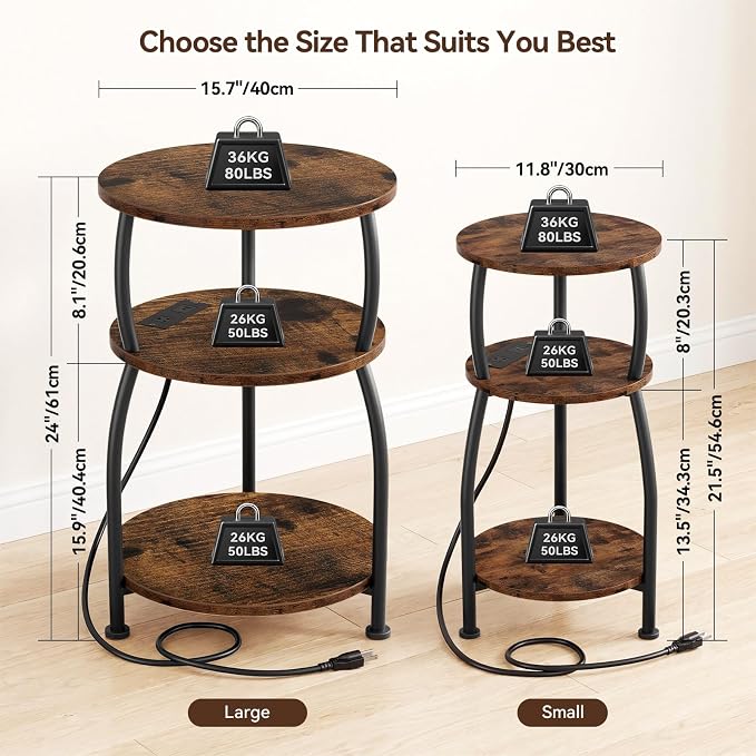 Round Side Table with Power Outlet & USB Ports, 3-Tier End Table with Storage - Image 3