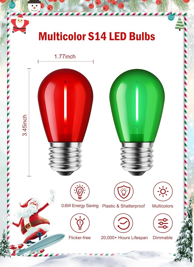 Minetom S14 LED Christmas Replacement Light Bulbs, UL Listed, 1 Watt E26 Medium - Image 3