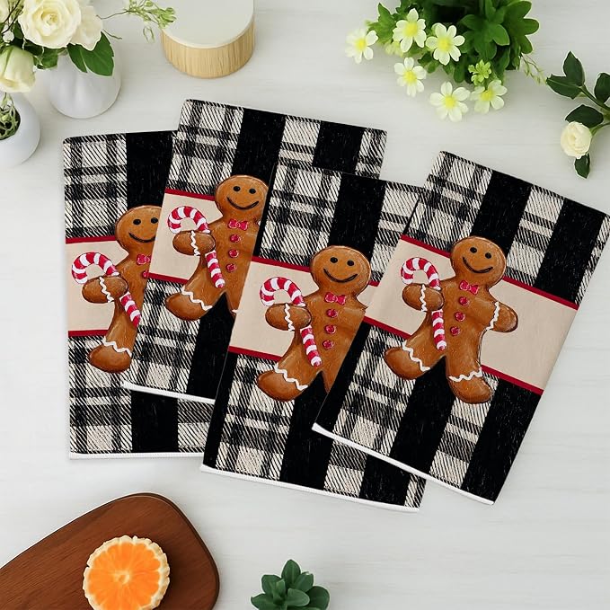 Gingerbread Kitchen Towels, Christmas Festive Candy Cane Plaid Christmas Black - Image 2