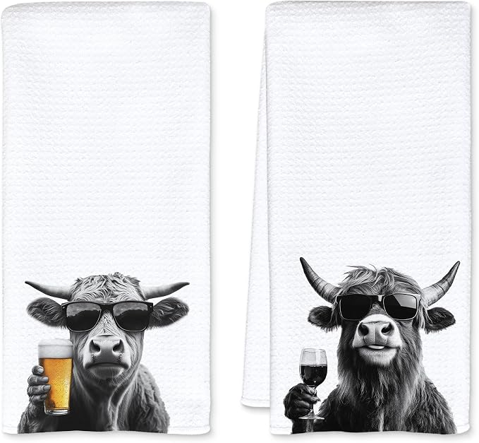 Funny Cow Kitchen Towels Set of 2, Funny Kitchen Decor, Wine Station Wine Bar by Unknown