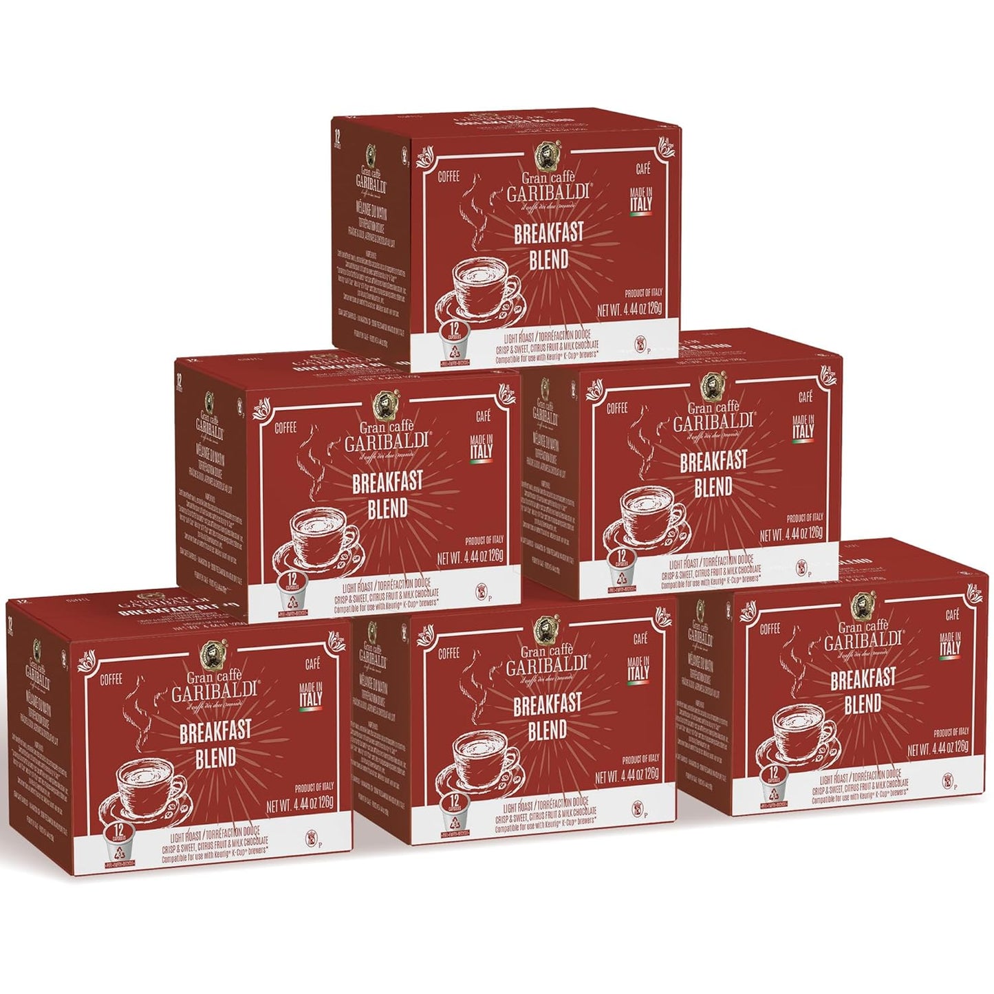 Caffè Garibaldi Breakfast Blend Coffee Pods, Single-Serve Capsules for Keurig K-Cup Brewers, Single Serve Cups with 100% Arabica Blend, 72 Count Recyclable Coffee Pods - Light Roast