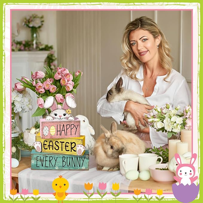 Moucuny 4 Pcs Easter Table Decorations Bunny Tiered Tray Decor Wooden Bunny - Image 4