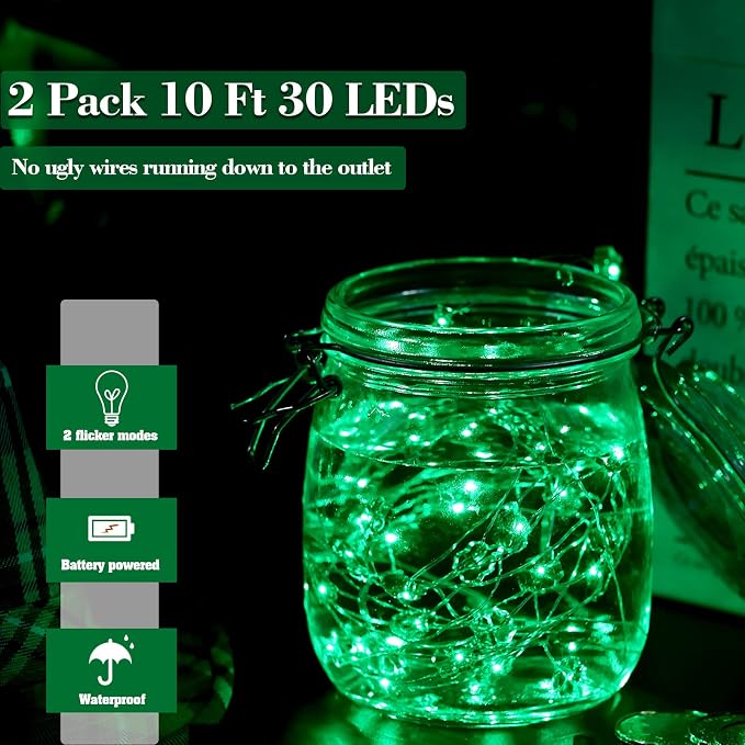 Mudder 2 Pieces 10 Feet 30 Led St. Patrick's Day Green String Lights Battery - Image 2