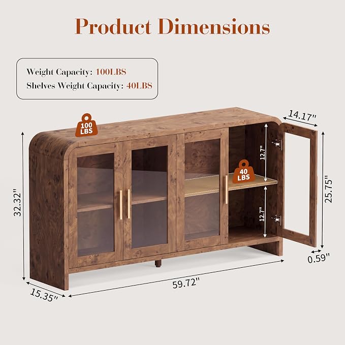 Curved Buffet Storage Cabinet, 59.7" Modern Sideboard - Image 2