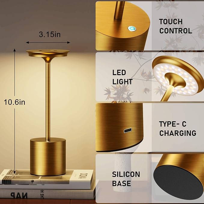 Rechargeable Cordless Metal Table Lamp, IP54 Waterproof, 6000mAh Battery - Image 3