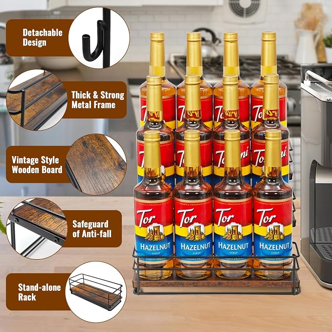 12 Bottle Coffee Syrup Organizer Rack, 3 Tier Coffee Syrup Bottle Stand Holder - Image 5