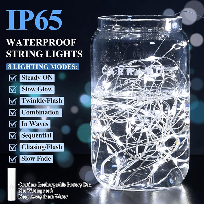 Lakumu 32FT Cool White Fairy Lights, Rechargeable Battery Operated String Lights - Image 5