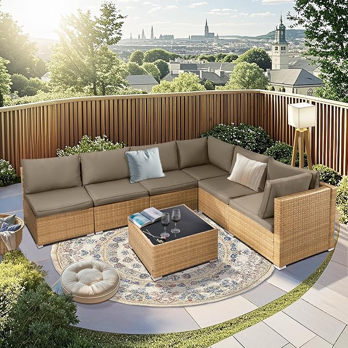 NOBLEMOOD 7 Pieces Patio Furniture Set, All Weather Outdoor Rattan Conversation by NOBLEMOOD