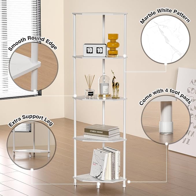 5-Tier Corner Shelf Stand Marble White 50.2" Bathroom and Kitchen Corner Shelves - Image 5