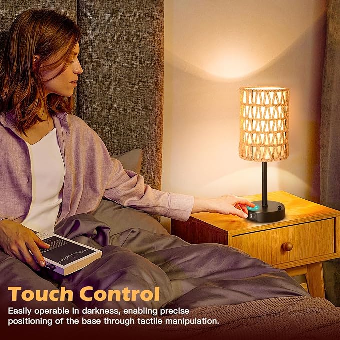 Rattan Table Lamps for Living Room, 3 Way Dimmable Touch Lamps, Small Bedside - Image 4