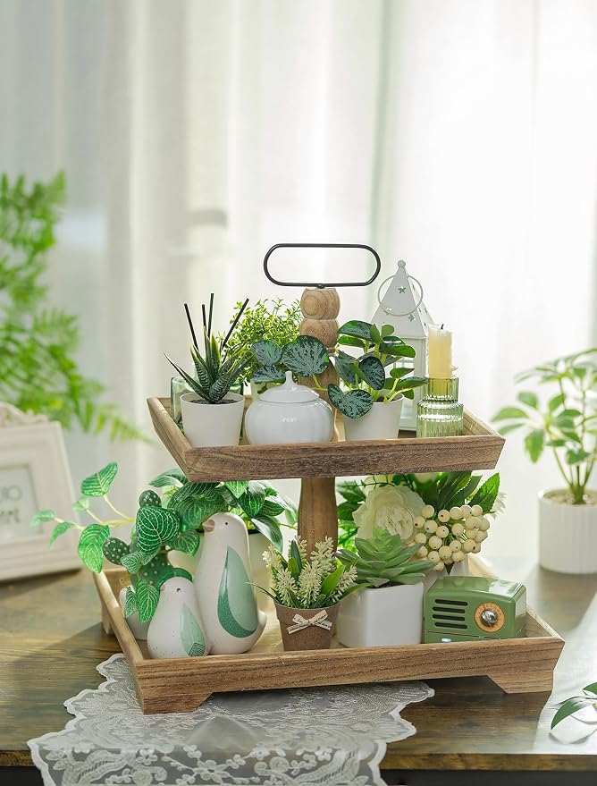 Hanobe Tiered Tray for Table Decor: 2 Tier Coastal Decorative Tray Stand | - Image 2