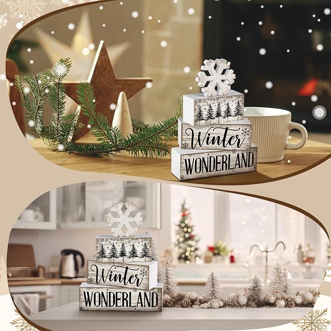 Lineshading 4 Pcs Winter Table Decorations Wooden Snowflake Decor Winter Tiered - Image 7