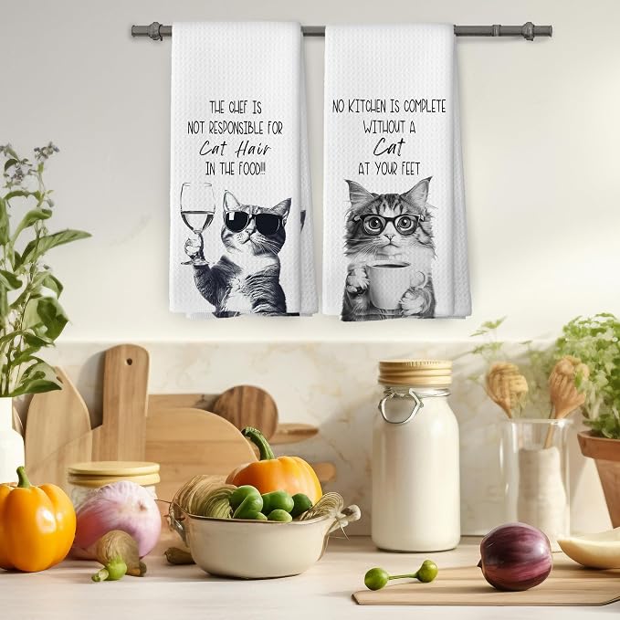 Funny Cat Kitchen Towels Set of 2, Cats Kitchen Accessories, Coffee Wine - Image 4