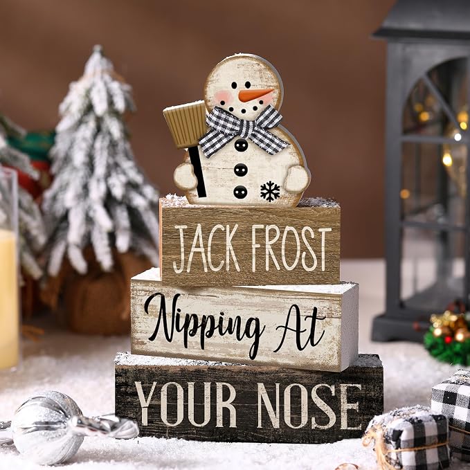 Moucuny 4 Pcs Winter Table Decor Wooden Snowman Black and White Winter Tiered - Image 2