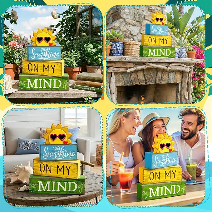 Lineshading 4 Pcs Summer Table Decor Wooden Sunshine Beach Tiered Tray Decor - Image 5