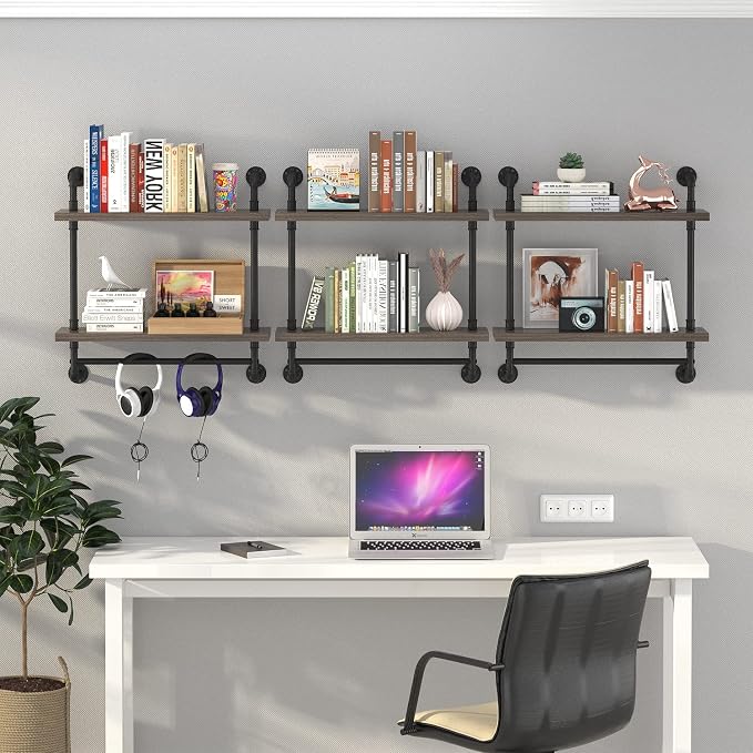 Helsin 2 Tier Wood Floating Shelves Towel Rack, Industrial Pipe Bathroom - Image 6