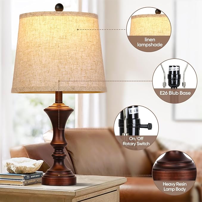 ROTTOGOON Retro Table Lamps Set of 2 Nightstand Lamp - Image 3