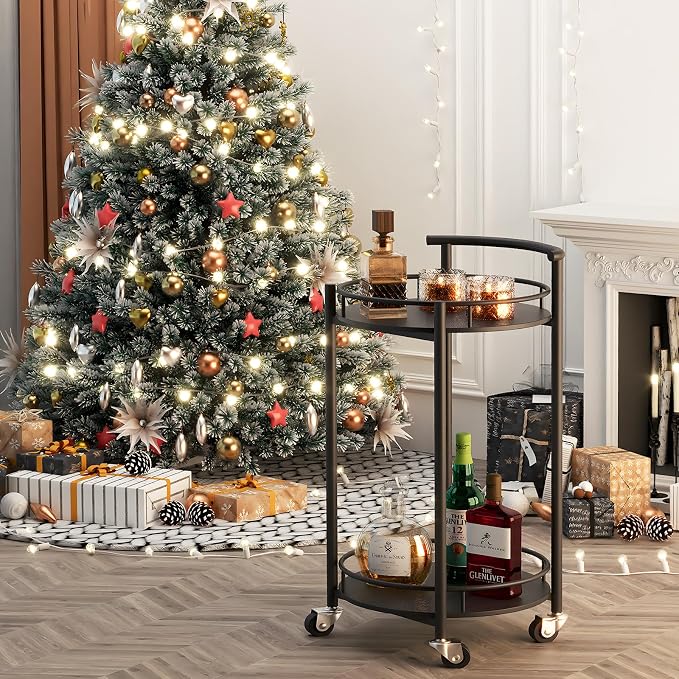 Bar Cart Black Rolling Cart for Home, 2 Tiers Bar Serving Cart Round Wine Cart - Image 5