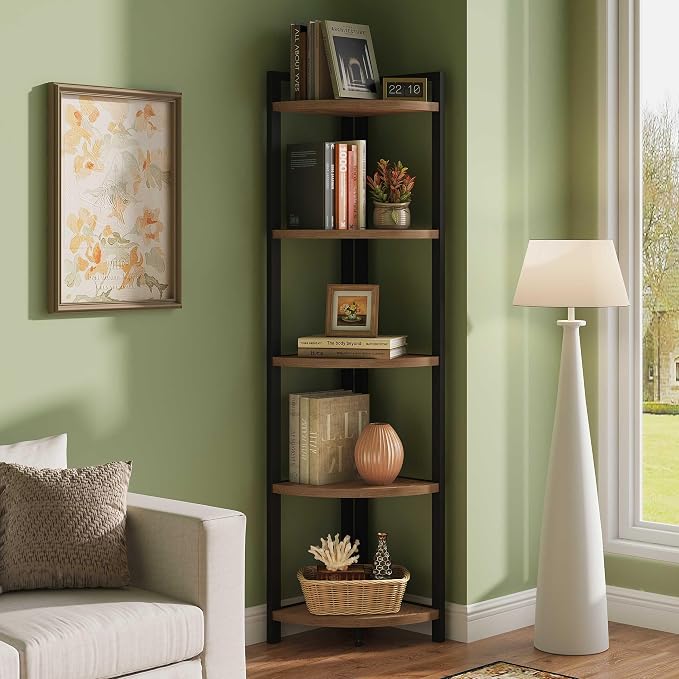 FATORRI Tall Corner Shelf, Industrial Corner Bookshelf, Wood and Metal Corner - Image 5