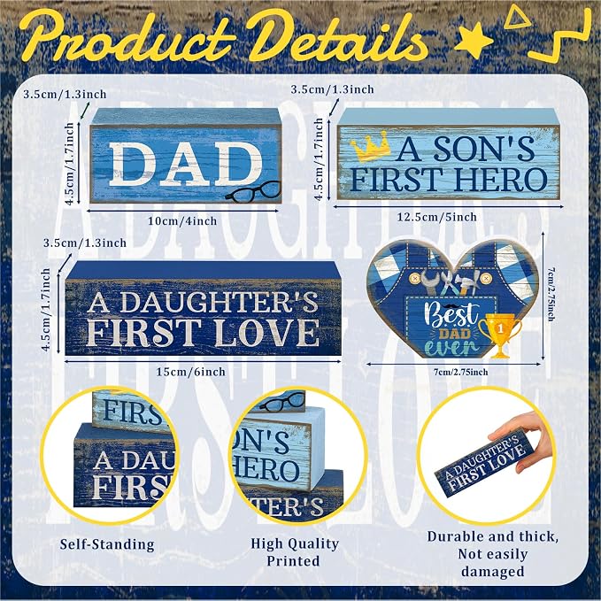Lineshading 4 Pcs Fathers Day Table Decorations Wooden Blue Heart Trophy Decor - Image 3
