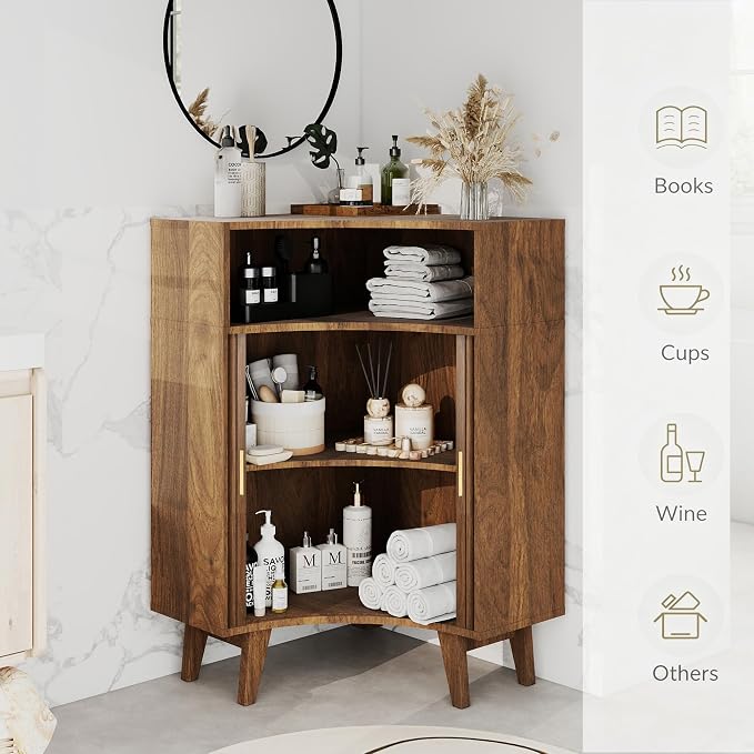 Fluted Corner Cabinet with Open Storage, Modern Floor Cabinets with Sliding - Image 5