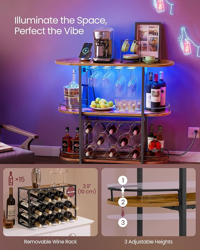 VASAGLE Bar Cabinet with LED Lights and Power Outlets, Freestanding Coffee Bar - Image 6