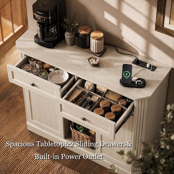 White Coffee Bar with 2 Drawers & 2 Doors, LED Wine Bar Cabinet with Wine - Image 4