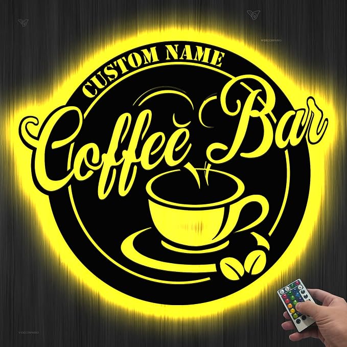 Coffee Bar Metal Wall Art LED Lights, Café Lover LED Custom Name Sign - Image 2