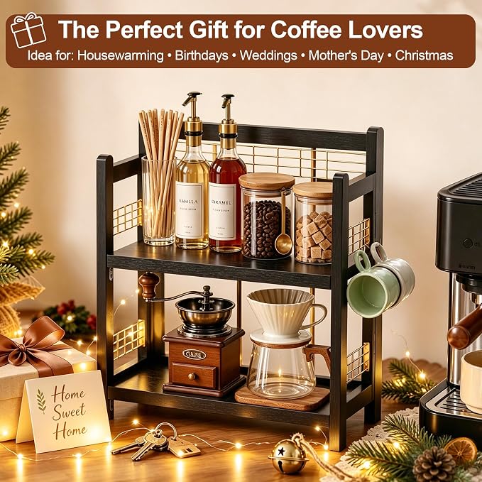 No-Assembly Coffee Bar Organizer, 2-Tier Coffee Station Shelf | Foldable Oak - Image 7