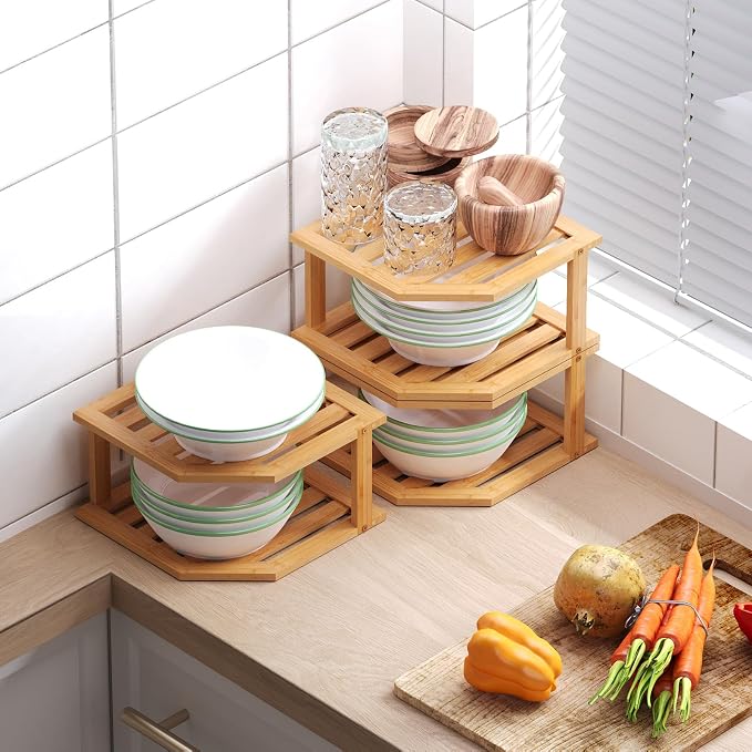 VERTORGAN Bamboo Corner Shelf, 2 Tier Plate Organizer - Image 2