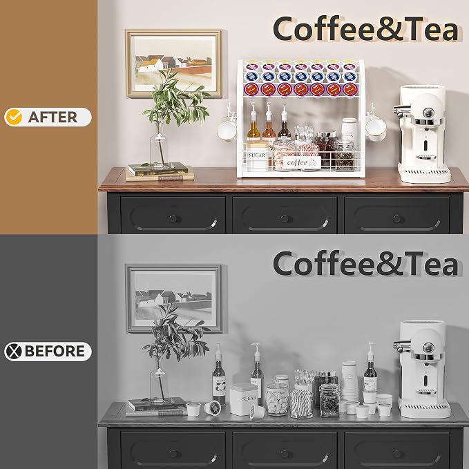 Metal K Cup Holder with Wooden Tray, 2-Tier Coffee Bar Organizer with Mug Hooks - Image 7