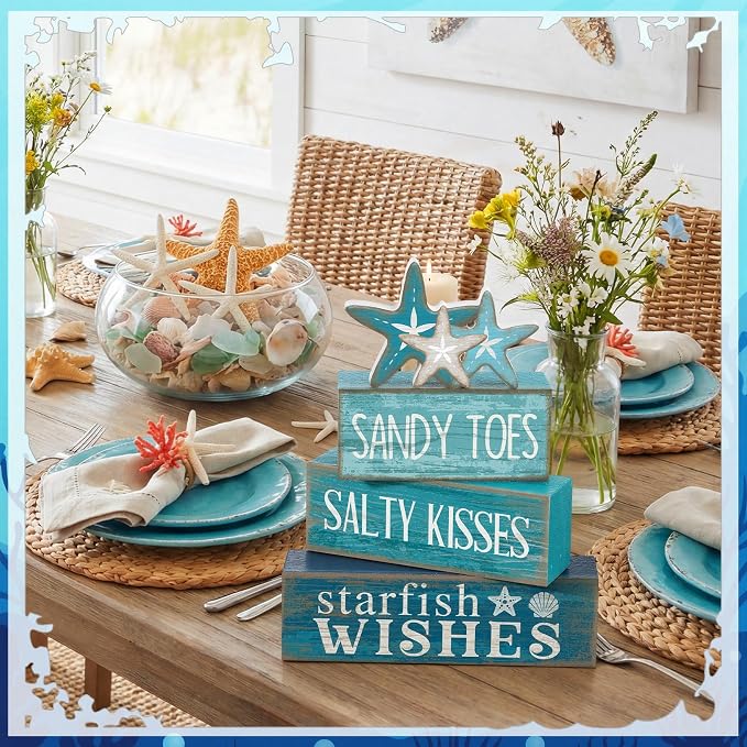 Yuntau 4 Pcs Summer Table Decorations Beach Tiered Tray Decor Starfish Coastal - Image 3